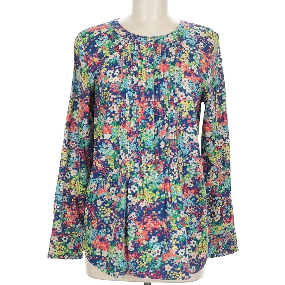 Talbots Blue Ditzy Floral Print Pin-tuck Yoke Long Sleeve Blouse Medium Petite